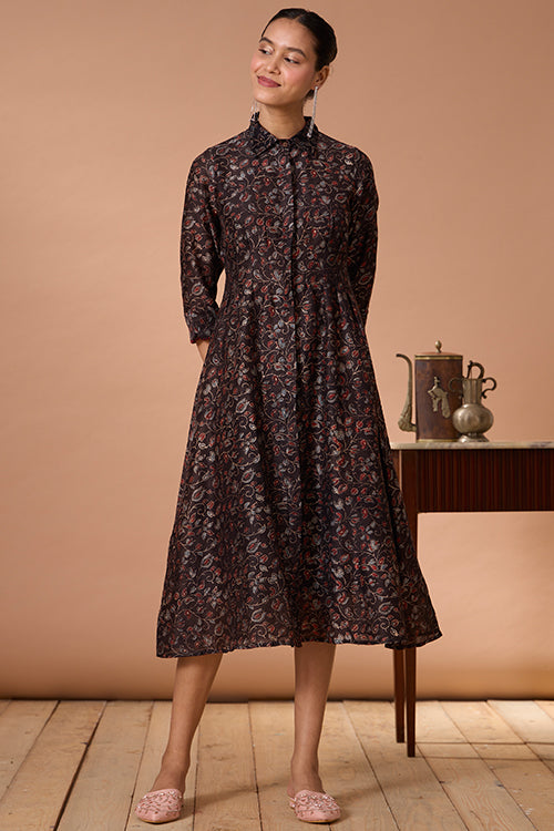 Rosalie Embroidered Printed Chanderi Silk Ajrakh Collared Dress Online