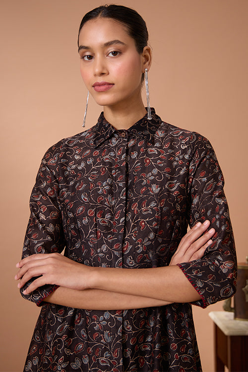 Rosalie Embroidered Printed Chanderi Silk Ajrakh Collared Dress Online