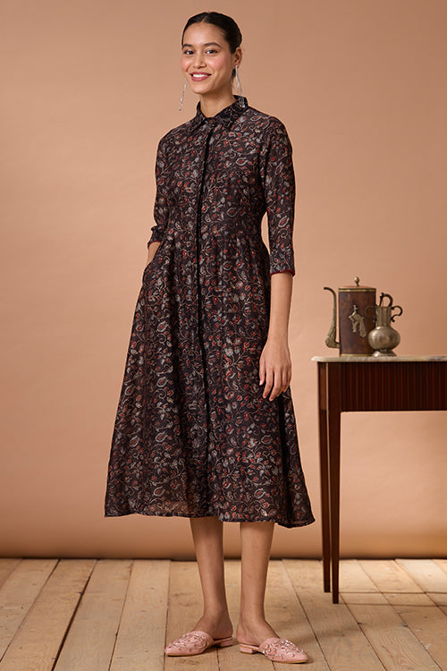 Okhai "Rosalie" Hand Embroidered Handblock Printed Chanderi Silk Ajrakh Collared Dress