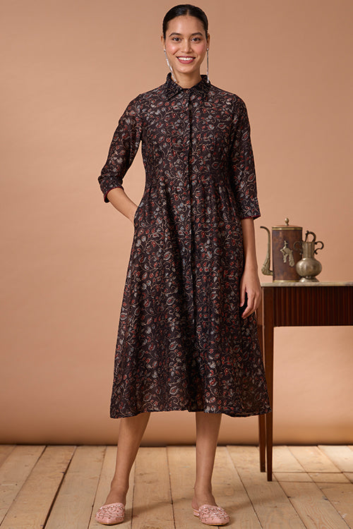 Okhai "Rosalie" Hand Embroidered Handblock Printed Chanderi Silk Ajrakh Collared Dress