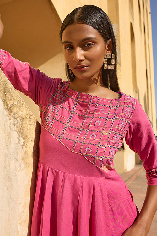 Adalaj Embroidered Mirrorwork Pure Cotton Fit and Flared Dress Online