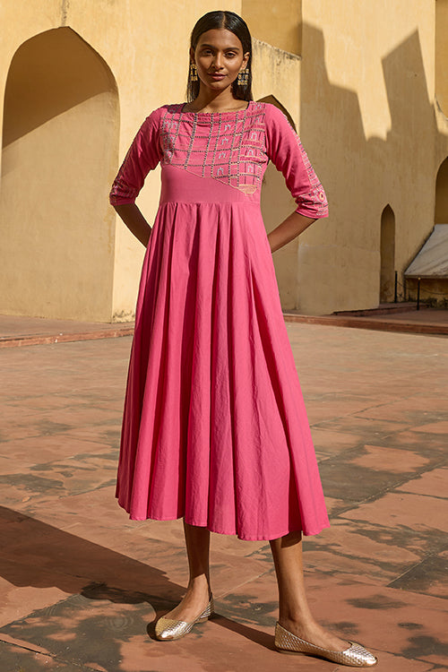 Adalaj Embroidered Mirrorwork Pure Cotton Fit and Flared Dress Online