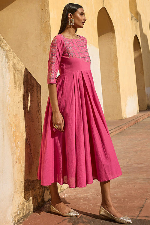 Okhai "Adalaj" Hand Embroidered Mirror and Beadwork Pure Cotton Fit-and-Flared Dress