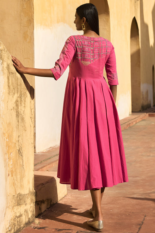 Okhai "Adalaj" Hand Embroidered Mirror and Beadwork Pure Cotton Fit-and-Flared Dress