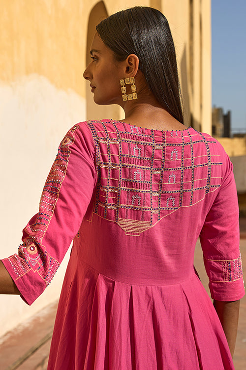 Okhai "Adalaj" Hand Embroidered Mirror and Beadwork Pure Cotton Fit-and-Flared Dress