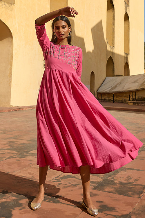 Okhai "Adalaj" Hand Embroidered Mirror and Beadwork Pure Cotton Fit-and-Flared Dress