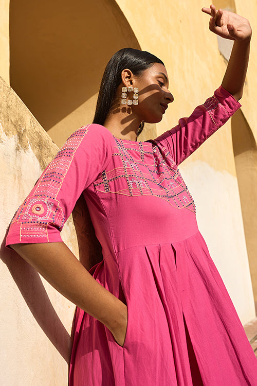 Okhai "Adalaj" Hand Embroidered Mirror and Beadwork Pure Cotton Fit-and-Flared Dress