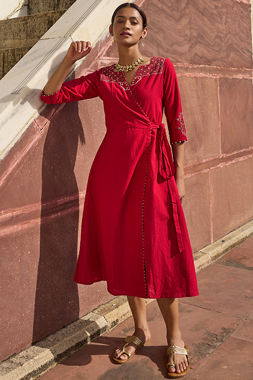 Okhai "Atapa" Hand Embroidered Mirror and Beadwork Pure Cotton Wrap Dress