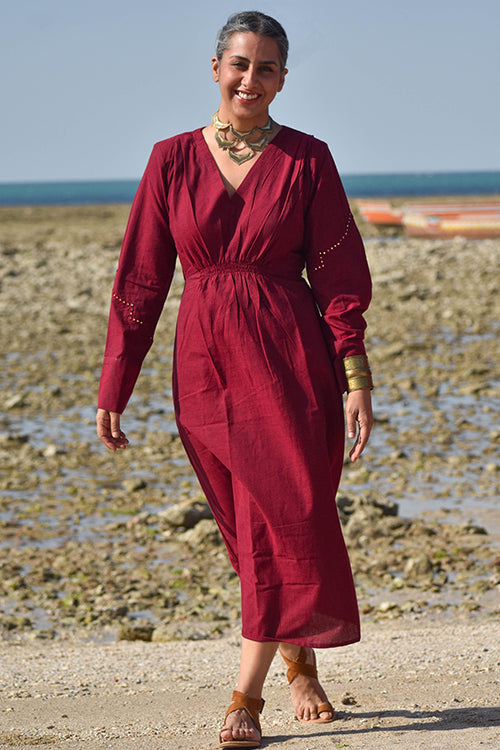 Okhai "Aafreen" Hand-Embroidered Mirrorwork Pure Cotton V-neckline Dress