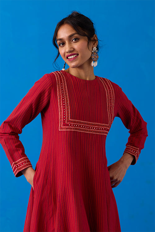 Okhai “Agasthi” Hand-Embroidered Bead and Mirror work Ikkat Pure Cotton Dress