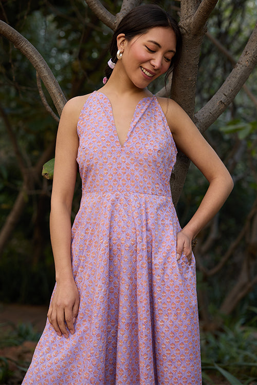 Okhai "Soft Serenade" Hand-block Printed Purple Pure Cotton Dress