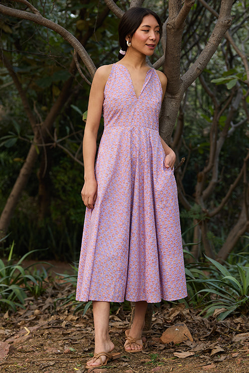 Okhai "Soft Serenade" Hand-block Printed Purple Pure Cotton Dress
