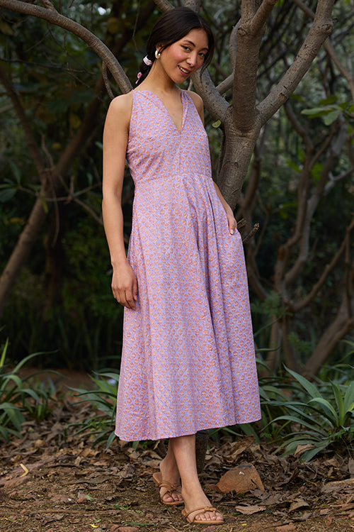 Okhai "Soft Serenade" Hand-block Printed Purple Pure Cotton Dress