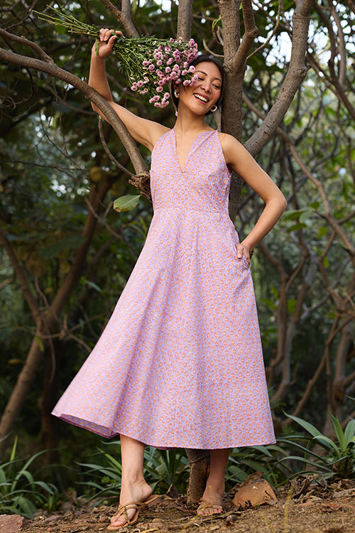 Okhai "Soft Serenade" Hand-block Printed Purple Pure Cotton Dress