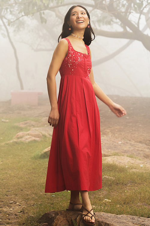 Okhai "Cherry Blush" Hand-Embroidered Pure Cotton Red Dress