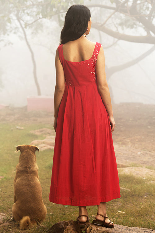 Okhai "Cherry Blush" Hand-Embroidered Pure Cotton Red Dress
