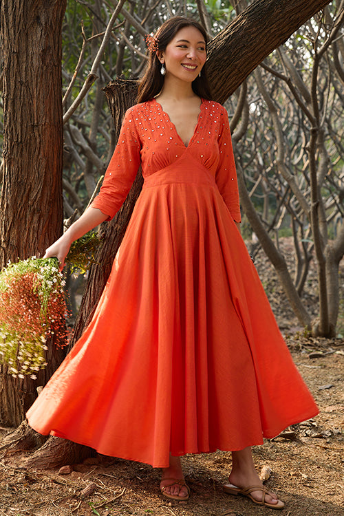 Okhai 'Kanak' Hand-Embroidery and Mirrorwork Pure Cotton Orange Dress