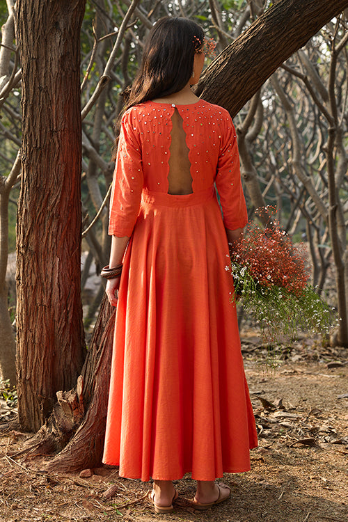 Okhai 'Kanak' Hand-Embroidery and Mirrorwork Pure Cotton Orange Dress