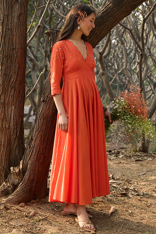Okhai 'Kanak' Hand-Embroidery and Mirrorwork Pure Cotton Orange Dress