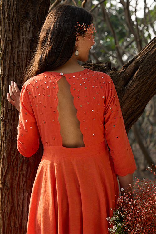 Okhai 'Kanak' Hand-Embroidery and Mirrorwork Pure Cotton Orange Dress