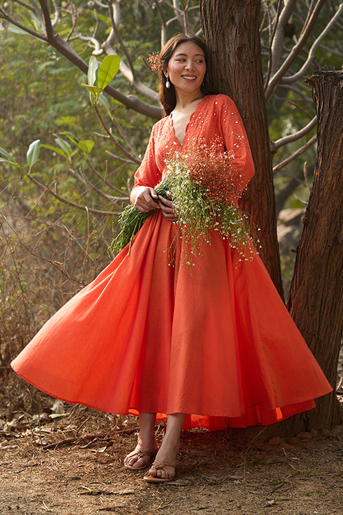 Okhai 'Kanak' Hand-Embroidery and Mirrorwork Pure Cotton Orange Dress