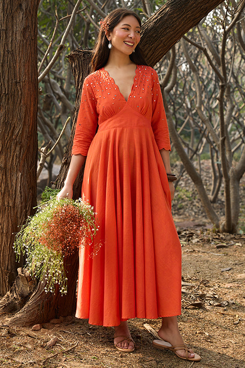 Okhai 'Kanak' Hand-Embroidery and Mirrorwork Pure Cotton Orange Dress