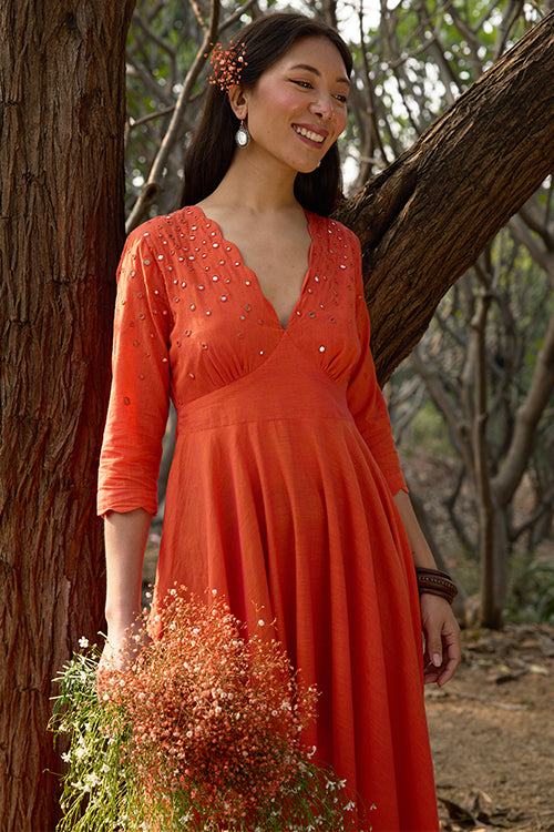 Okhai 'Kanak' Hand-Embroidery and Mirrorwork Pure Cotton Orange Dress