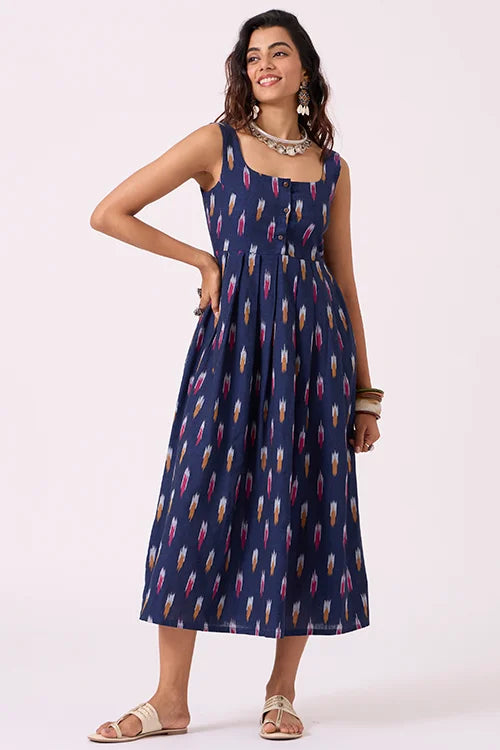 Okhai "Blue Haze" Pure Cotton Ikat Blue Sleeveless Dress