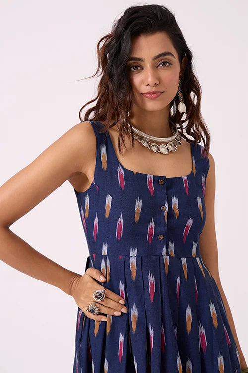 Okhai "Blue Haze" Pure Cotton Ikat Blue Sleeveless Dress