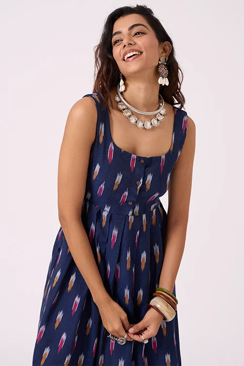 Okhai "Blue Haze" Pure Cotton Ikat Blue Sleeveless Dress