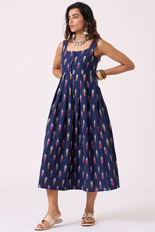 Okhai "Blue Haze" Pure Cotton Ikat Blue Sleeveless Dress