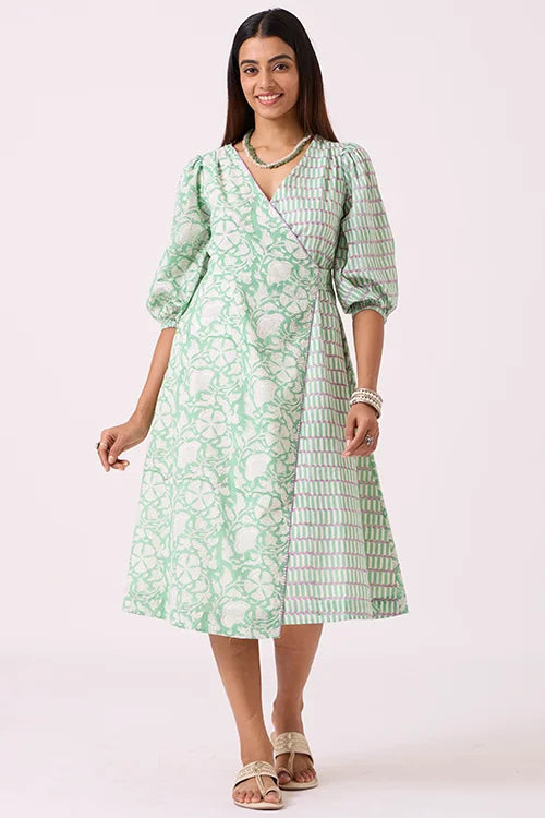 Okhai "Pasture" Hand embroidered Pista Green Hand Block Printed Pure Cotton Wrap Dress