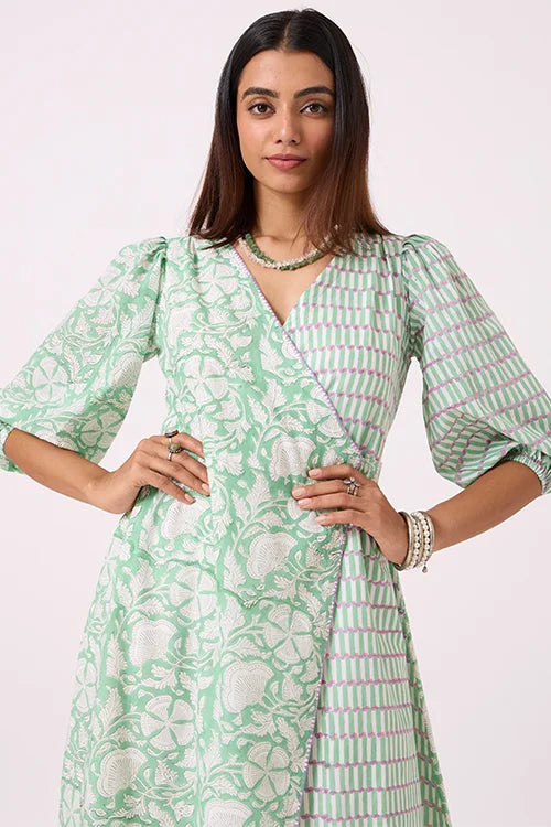 Okhai "Pasture" Hand embroidered Pista Green Hand Block Printed Pure Cotton Wrap Dress