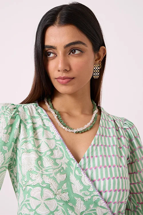 Okhai "Pasture" Hand embroidered Pista Green Hand Block Printed Pure Cotton Wrap Dress