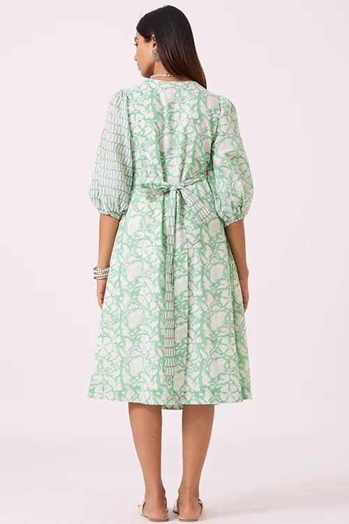Okhai "Pasture" Hand embroidered Pista Green Hand Block Printed Pure Cotton Wrap Dress