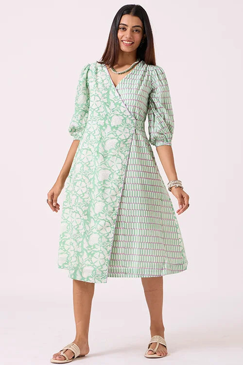 Okhai "Pasture" Hand embroidered Pista Green Hand Block Printed Pure Cotton Wrap Dress