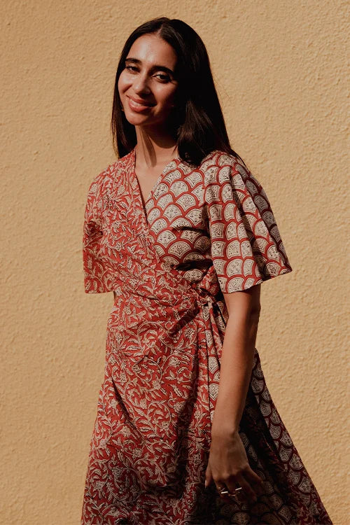 Okhai "Red Heart" Handblock Printed Pure Cotton Wrap Dress