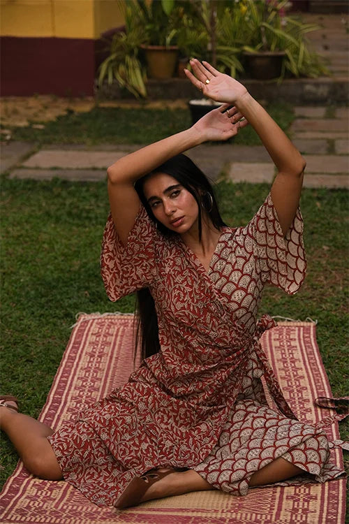 Okhai "Red Heart" Handblock Printed Pure Cotton Wrap Dress