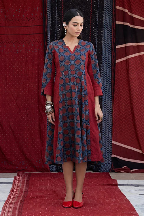 Okhai "Crimson Flow" Cotton Ajrakh Dress Okhaistore Okhai "Crimson Flow" Cotton Ajrakh Dress Okhaistore