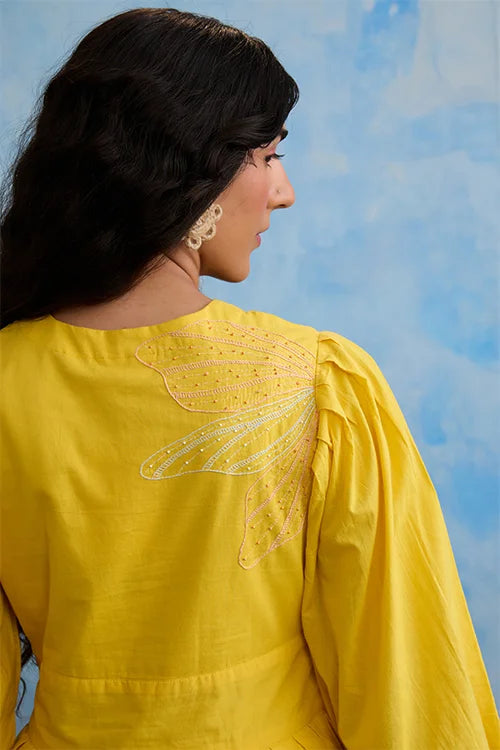 Okhai "Verve" Hand-Embroidery and Beadwork Pure Cotton Yellow Dress