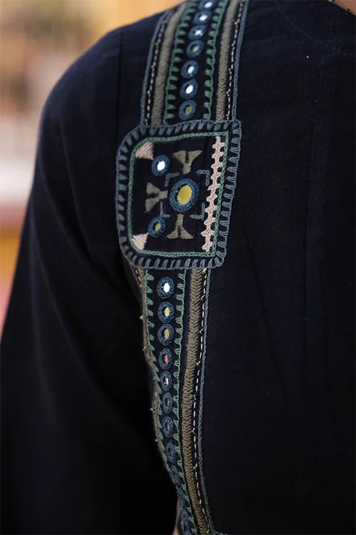 Okhai "Midnight" Hand-Embroidered Mirrorwork and Beadwork Pure Cotton Navy Blue Dress