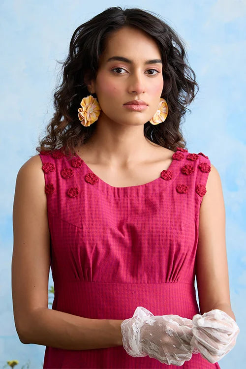 Okhai "Daphne Grace" Hand Embroidered Sleeveless Maroon Cotton Dress