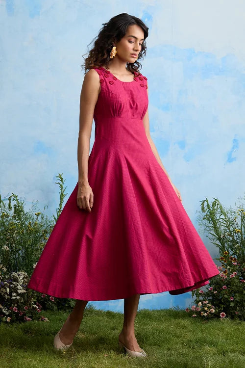 Okhai "Daphne Grace" Hand Embroidered Sleeveless Maroon Cotton Dress