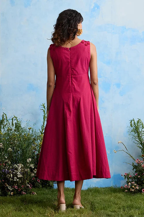 Okhai "Daphne Grace" Hand Embroidered Sleeveless Maroon Cotton Dress