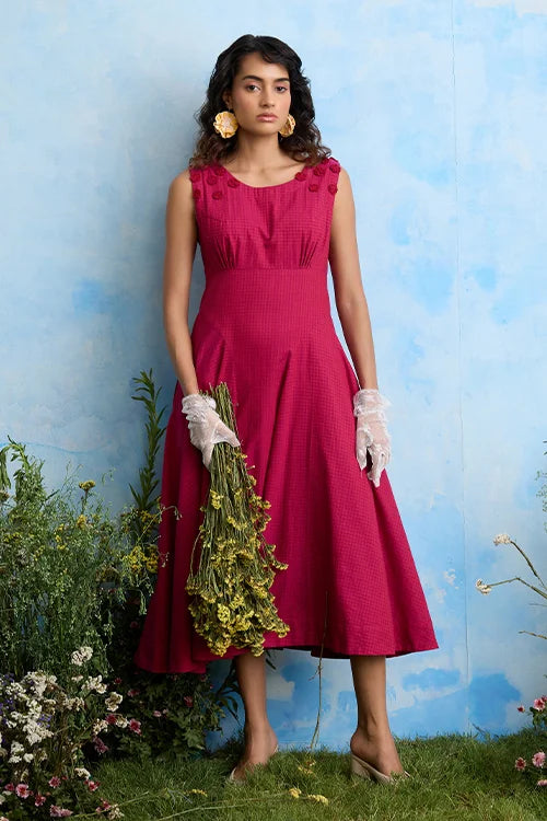 Okhai "Daphne Grace" Hand Embroidered Sleeveless Maroon Cotton Dress