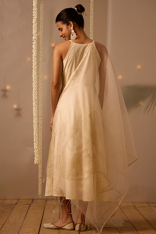 Okhai "Embellish" Mukaish and Khaat Bharat work Dress with Dupatta