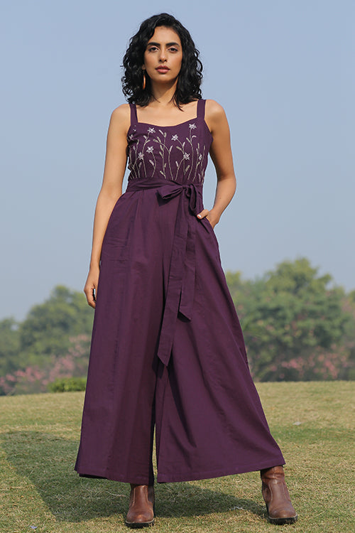 Okhai 'Cranberry' Pure Cotton Embroidered Sleeveless Jumpsuit| Rescue