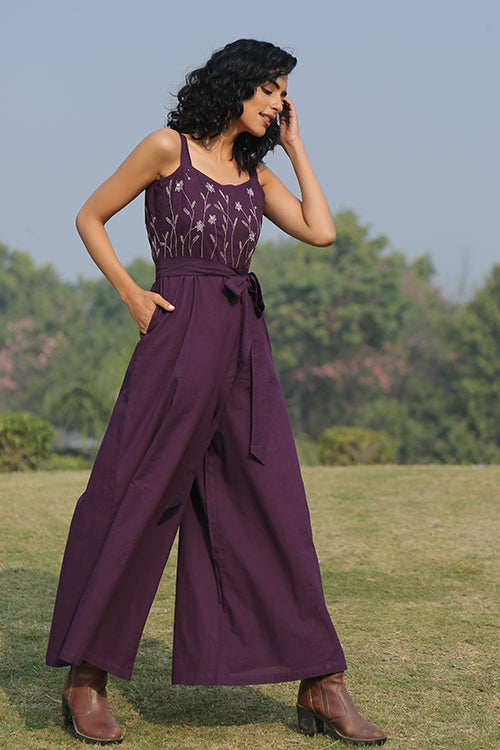 Okhai 'Cranberry' Pure Cotton Embroidered Sleeveless Jumpsuit| Rescue