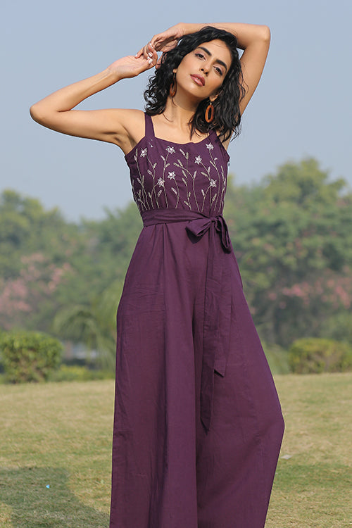 Okhai 'Cranberry' Pure Cotton Embroidered Sleeveless Jumpsuit| Rescue