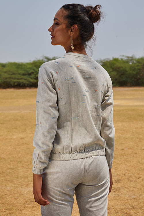 Okhai 'Deer Valley' Hand Embroidery Mirror Work Pure Cotton Bomber Jacket